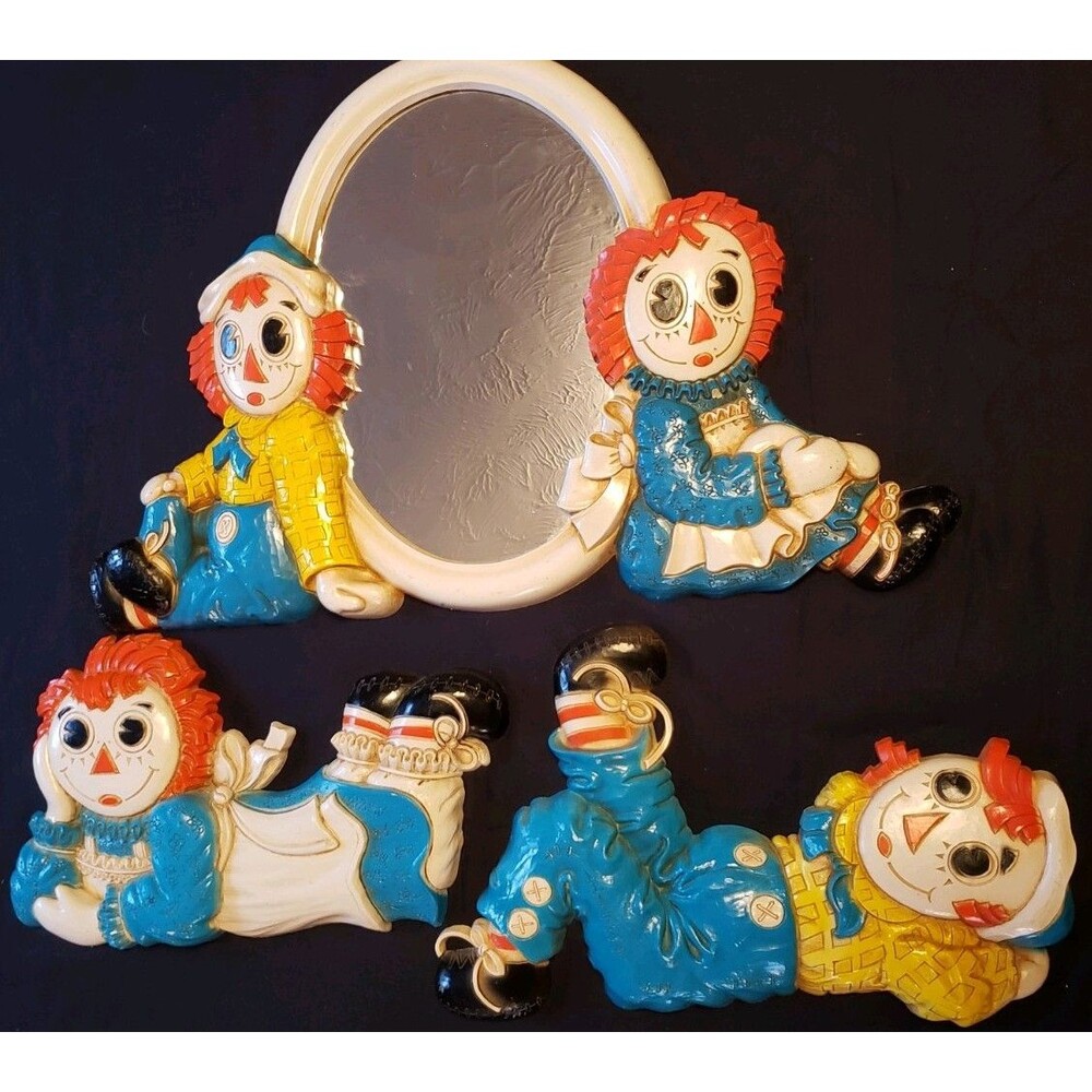 Set Raggedy Ann And Raggedy Andy Bobbs Merrill Co Syroco 1977 Wall Mirror Decor